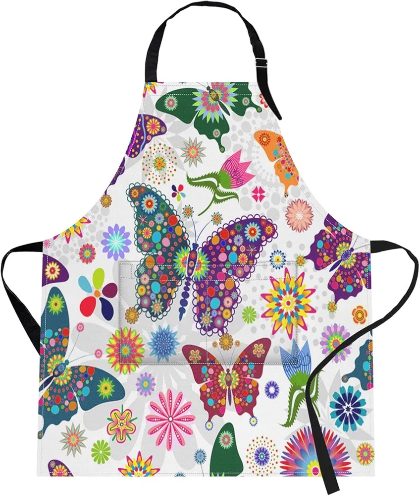 Britimes Apron Home Kitchen Cooking Baking Gardening for Women Men With Pockets Floral Colorful Butterflies Flowers Romantic 32x28 inch