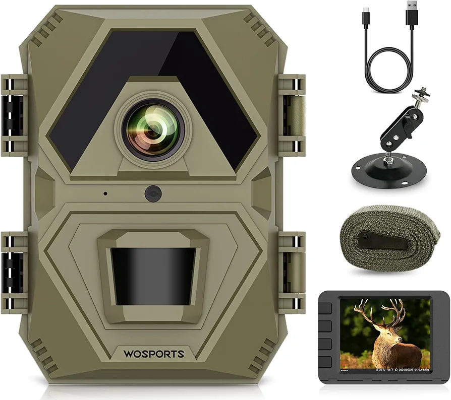 WOSPORTS Mini Trail Camera 24MP 1440P, Game Camera with 2'' LCD, 0.2s Trigger Speed, Night Vision Motion Activated Waterproof, 120° Wide-Angle Hunting Deer Camera for Outdoor Wildlife
