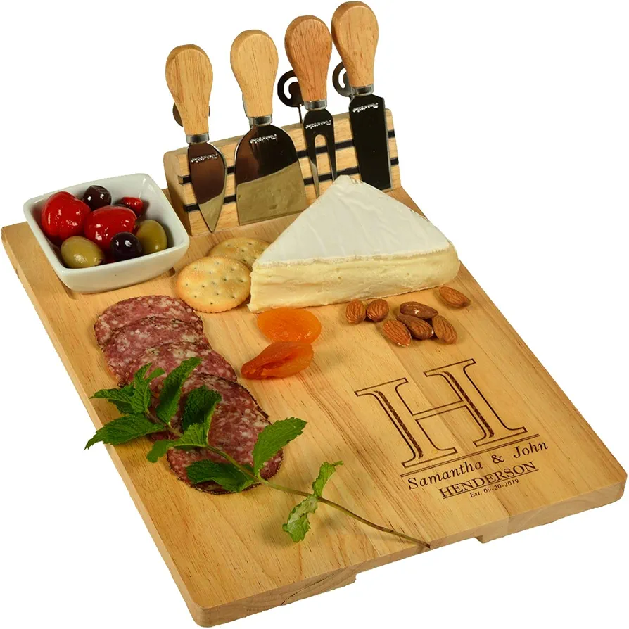Picnic at Ascot Custom Personalized Engraved Hardwood Cutting Board with Cheese Knives, Cheese Markers & Ceramic Dish - Designed and quality Checked in the USA