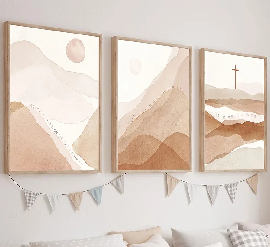 3Pcs Christian Boho Wall Art for Living Room Mid-Century Modern Nordic Print Neutral Scripture Canvas Poster Abstract Sun Mountain Bible Verses Picture Painting Wall Decor for Bedroom 16x24in Unframed