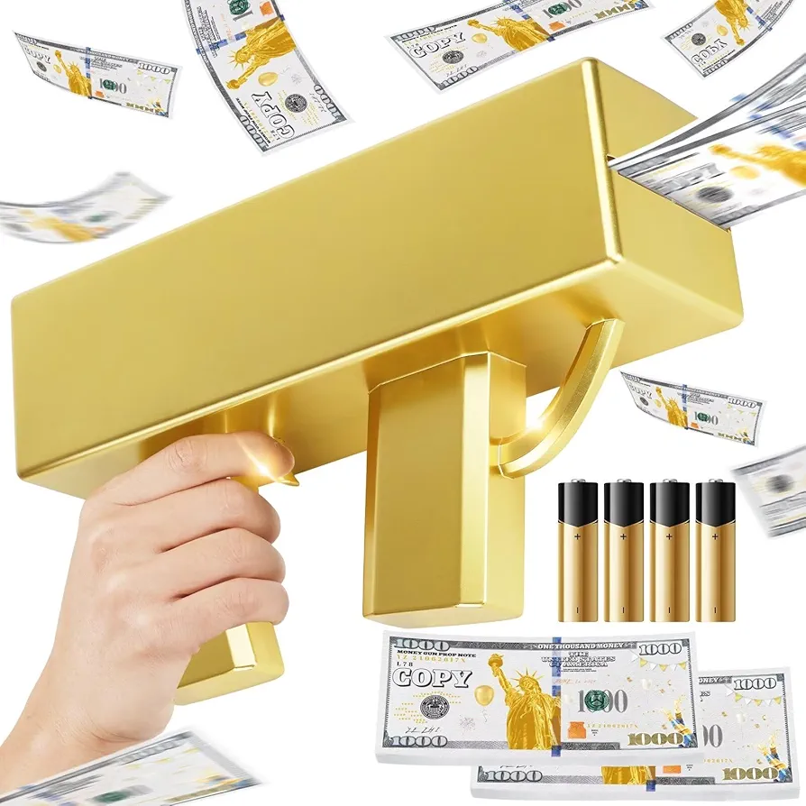Gold Money Gun Shooter and 201 PCS Props (No Real Function) and 4 AA Batteries, Money Thrower Gun That Shoot Prop Paper, Pretend and Play Toys Paper Dispenser Fake Gun for Party