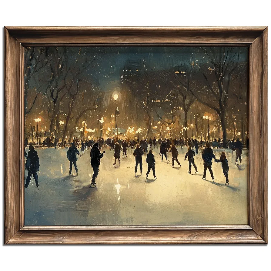 Ice Skating Print, Vintage Christmas, Winter Wall Art, Winter Cityscape Painting Print, Antique Holiday Decoration, Winter Rustic Wall Decor (8 X 10 INCH Print Unframed)