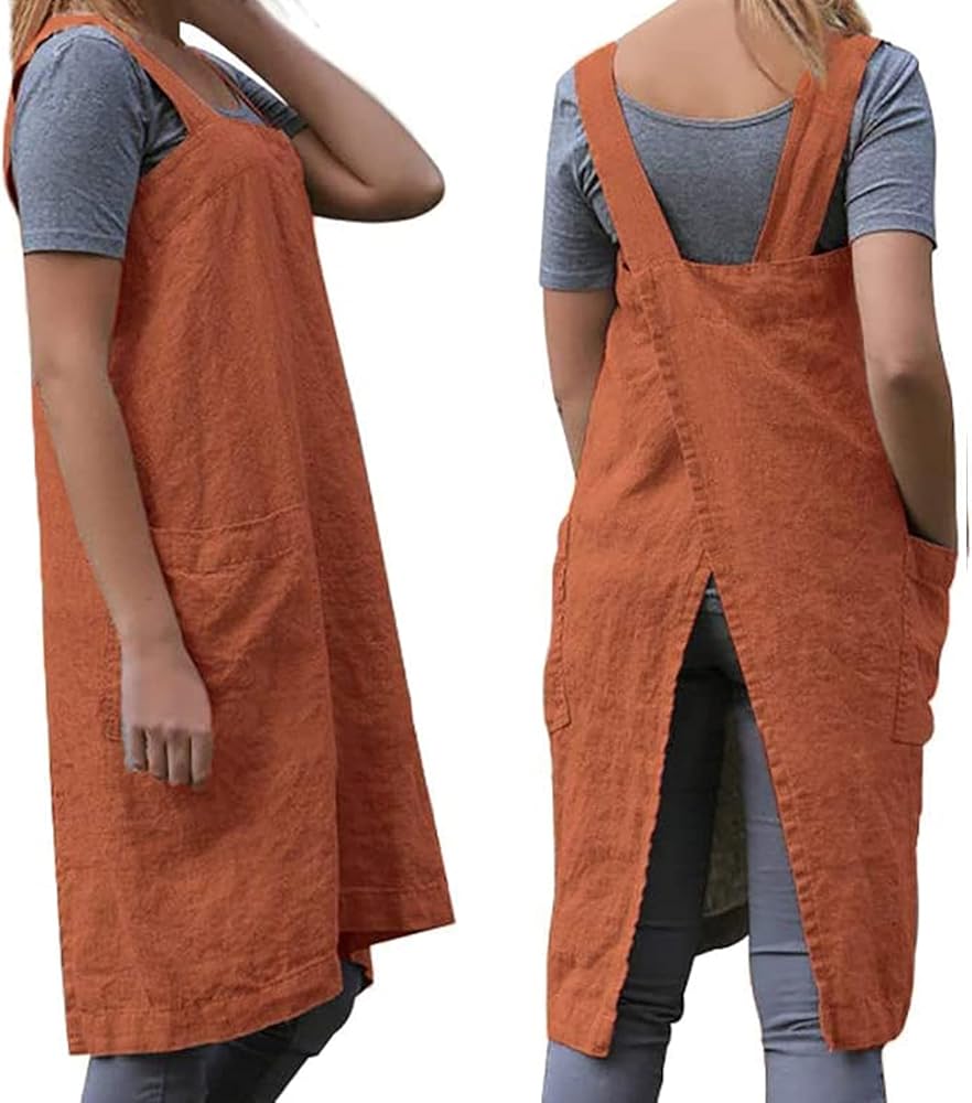 Women's Practical Cross Back Pinafore Apron with Large Pockets Home Kitchen,Restaurant,Coffee house,Cooking Gardening Works