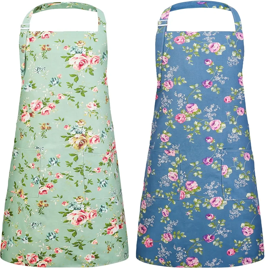 2 Pack Plus Size Floral Aprons for Women, Adjustable Kitchen Aprons with 2 Pockets Vintage Cute Rose Floral Aprons Chef Cooking Baking Aprons Gifts for Mom Wife Sister Grandma, 39 x 39 in