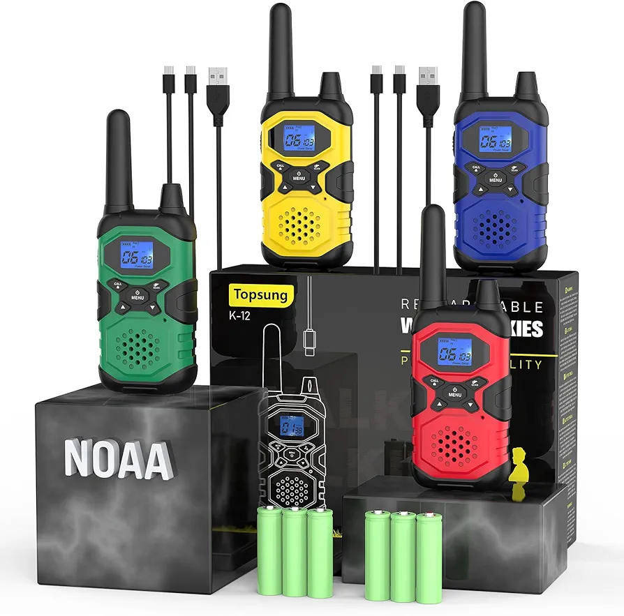 Walkie Talkies for Adults Rechargeable Long Range 4 Pack, Family 2 Way Radio NOAA Walkie-Talkies with USB Cable 4500mAh Battery Lanyard for Farm Warehouse Working Camping Hiking Hunting Cruise