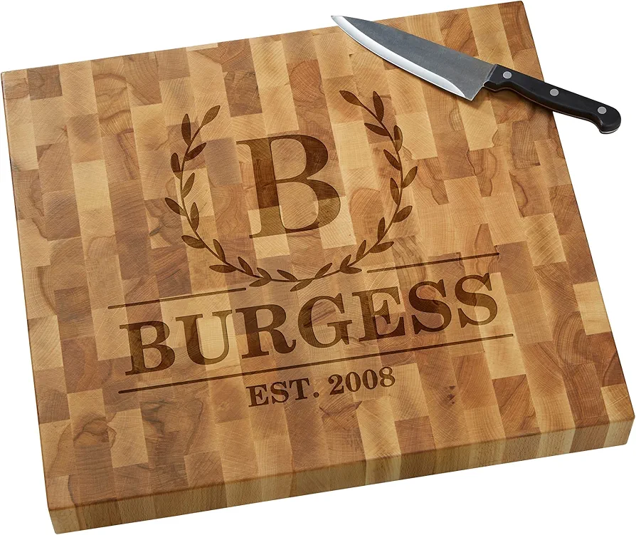 Personalization Universe Laurel Wreath Personalized Butcher Block Cutting Board, Custom Engraved Wood Cutting Board for Kitchen, First Home, House 16x18x1.75" - Made in USA