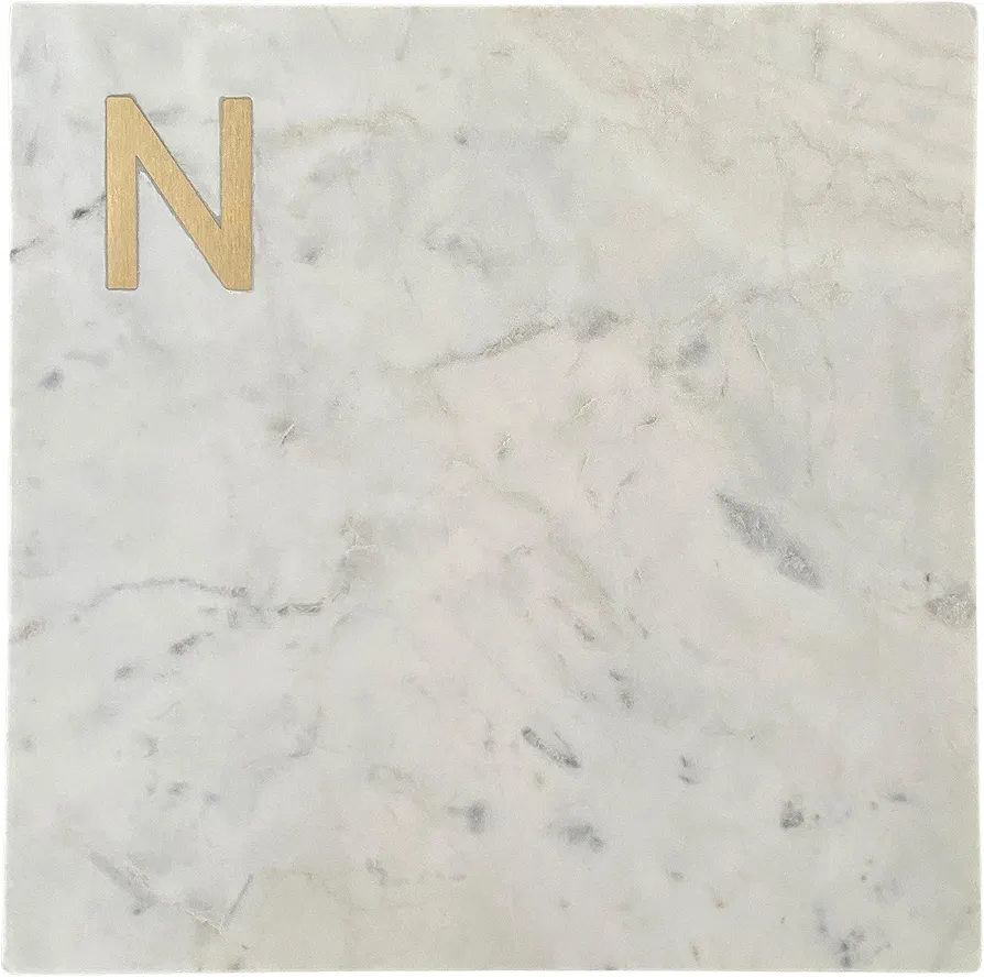 Monogram Marble Cheese Board, Hand Crafted Marble Cutting Board from White Marble Slab, Personalized Charcuterie Board with Brass Initial, Great Wedding or House Warming Gifts, Letter N