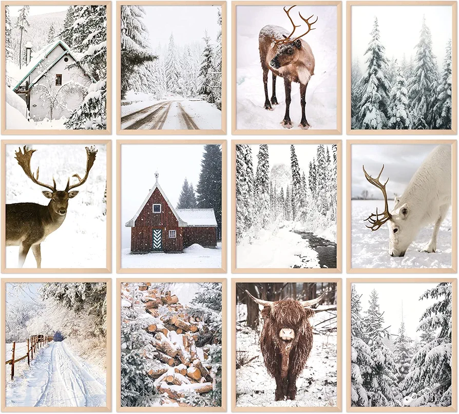 Whaline 11x14in 12Pcs Winter Wall Art Prints Cozy Christmas Room Decor Aesthetic Scandinavian Poster Snow Forest Frost Deer Mountain Pictures for Gallery Wall Home Nordic Decor(UNFRAMED)