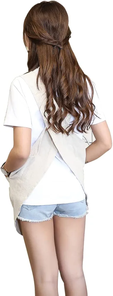 Shortened Design Apron, Japanese Style Soft Cotton Linen Apron with Two Side Pockets, X Cross Halter Apron, Kitchen Cooking Clothes Present for Women DIY Project, Crafting, Cooking, Baking(Beige)
