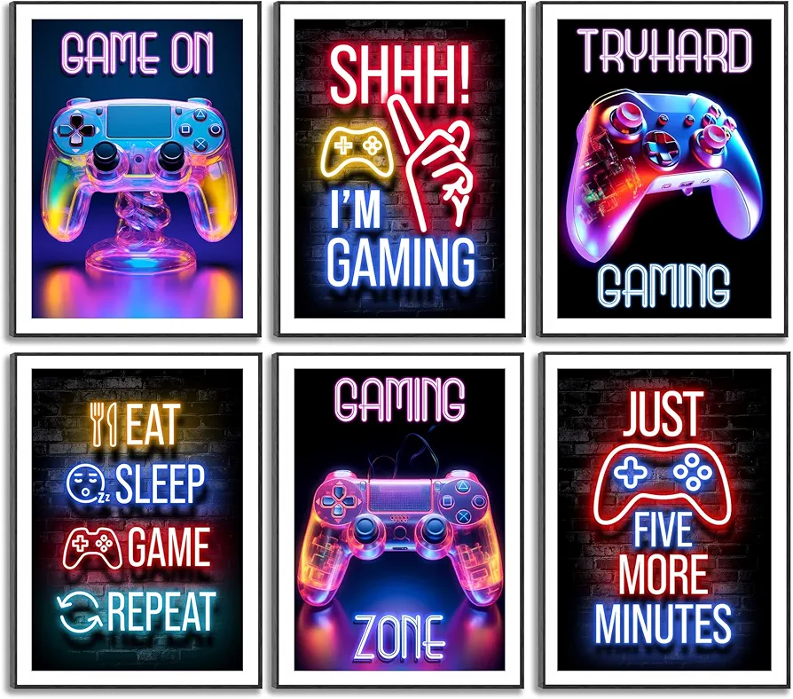 6Pcs Neon Gaming Room Canvas Wall Art Cool Colorful Video Game Controller Painting Picture Wall Decor Gamer Poster Print Artwork for Teens Boys Room Home Decoration Unframed