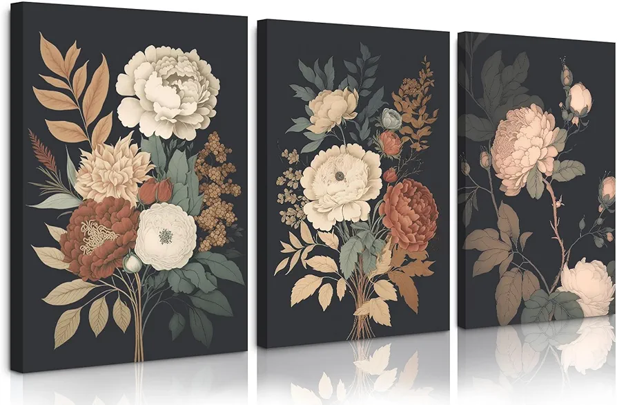 Vintage Flower Wall Art Dark Floral Canvas Wall Art Botanical Farmhouse Wall Art Prints Black Flower Pictures Wall Decor Moody Floral Artwork Painting for Living Room Bedroom 12x16x3 Inch Framed