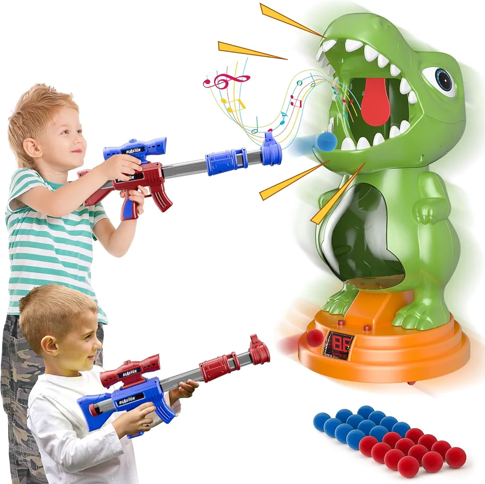Movable Dinosaur Shooting Toys for Kids 5-7 with 2 Air Pump Gun, Target Shooting Games with LED Score Record, Light & Sound, 24 Foam Balls Competition Game Gift for Boys and Girls 3 4 5 6 7+