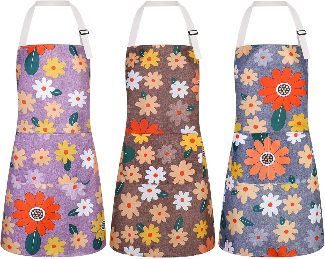 3 Pack Floral Aprons for Women with Pockets, Adjustable Kitchen Aprons Chef Aprons Waterproof Kitchen Cooking Aprons for Women, Men, Cooking, Gardening, BBQ & Grill, and Salon
