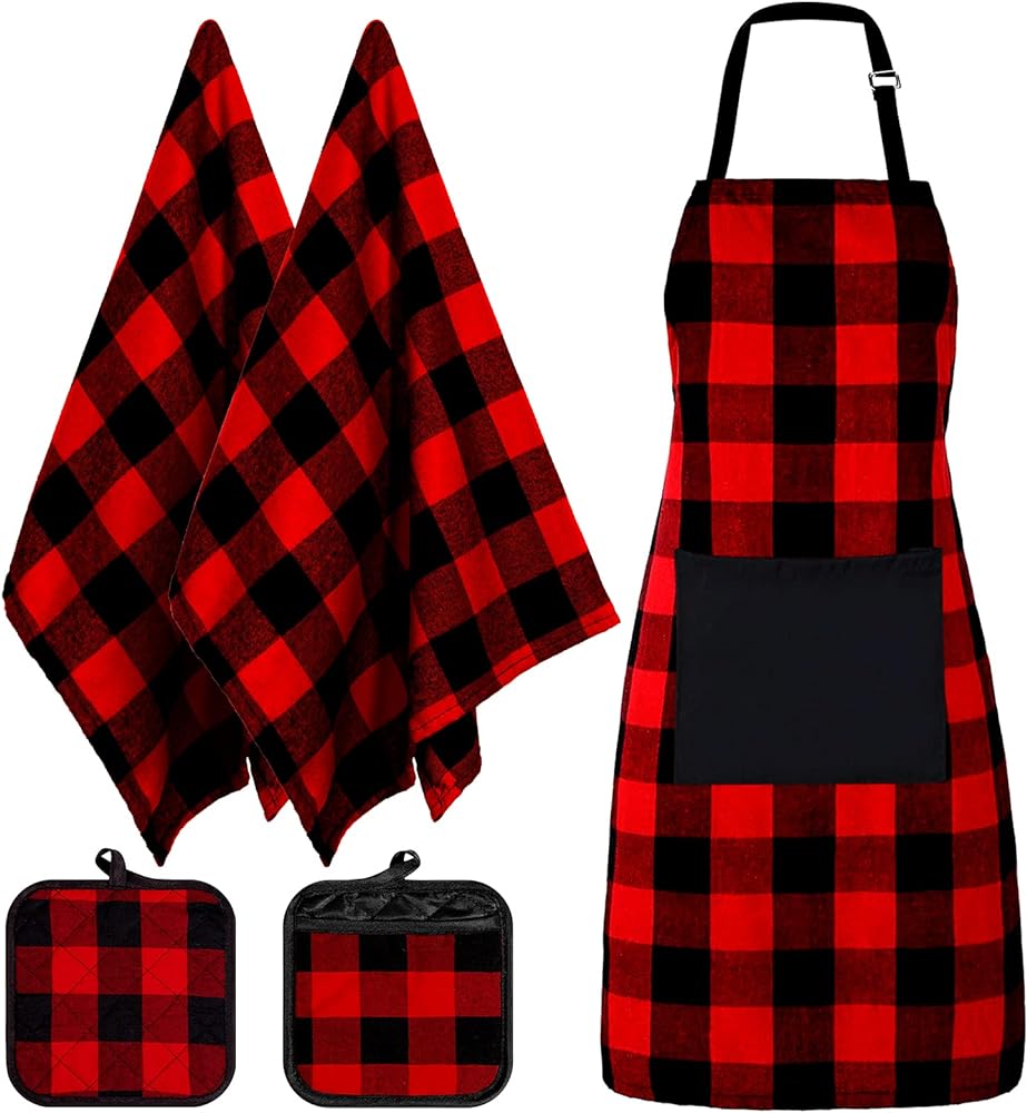 Whaline 5Pcs Apron Kit 1Pcs Christmas Buffalo Plaid Cooking Apron 2Pcs Dish Towels 2Pcs Buffalo Plaid Hot Pot Holders Red and Black Style Kitchen Supplies for Indoor Outdoor Home Use
