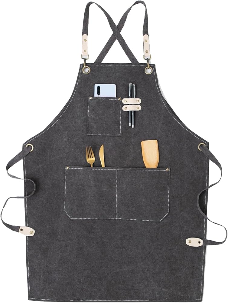 Yuubin Chef Apron Women Mens Cooking Kitchen 3 Pockets Waterproof Black Cotton Canvas Cross Back BBQ Waist Waiter M L XL XXL