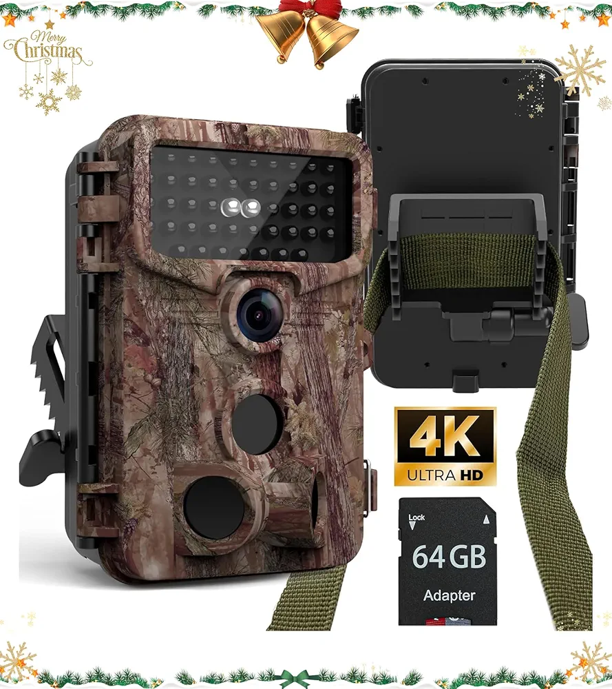 NEW VIEW 4K 48MP Trail Camera for Hunting, Game Cameras with Night Vision 80ft, 0.1s Motion Activated Wildlife Camera Waterproof IP66, No Glow Deer Camera with Screen SD Card Tree Strap for Outdoor