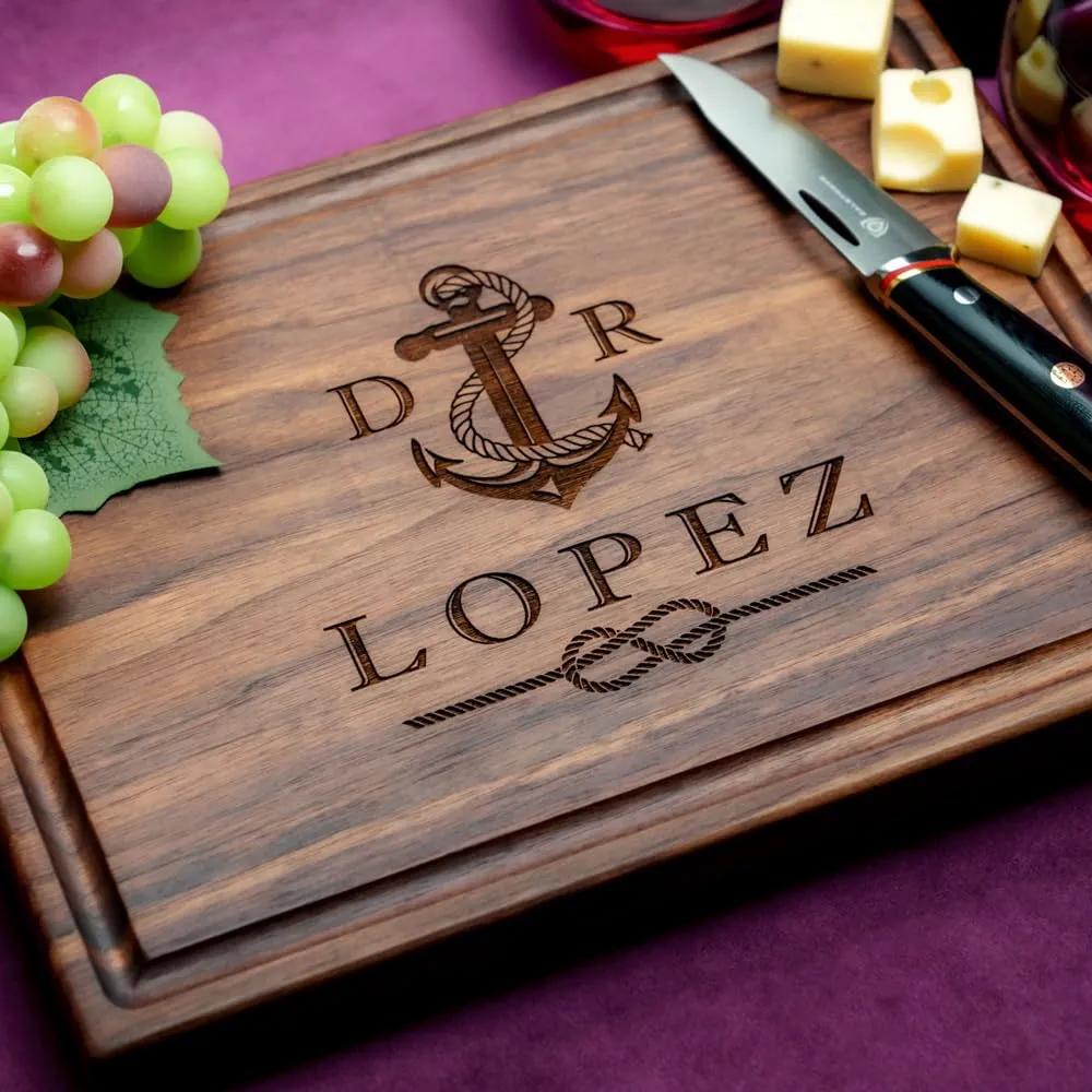 Straga Personalized Cutting Boards | Handmade Wood Engraved Charcuterie | Custom Wedding, Anniversary, Cruise Trip Gift for Couples (Nautical Initial Design No.804)