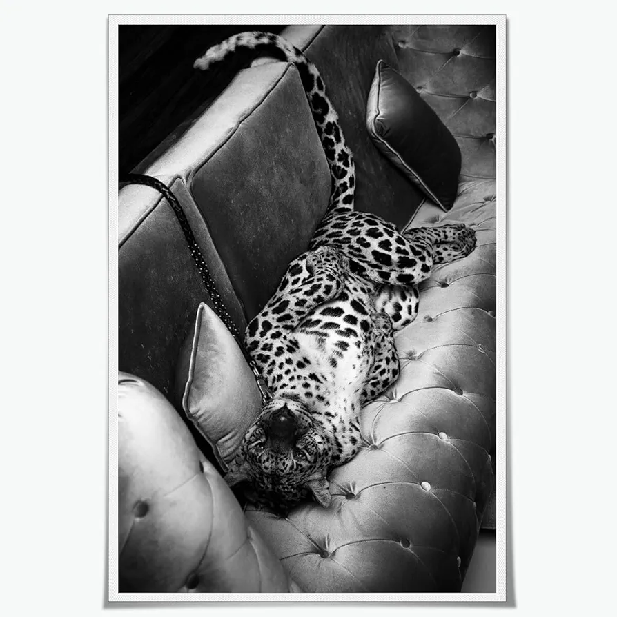 Trendy Black and White Wall Art Panther on The Sofa Posters Canvas Prints Vintage Fashion Cheetah Picture Poster Leopard Magazine Cover Aesthetic Wall Decor for Dorm Bedroom 12x18inch Unframed