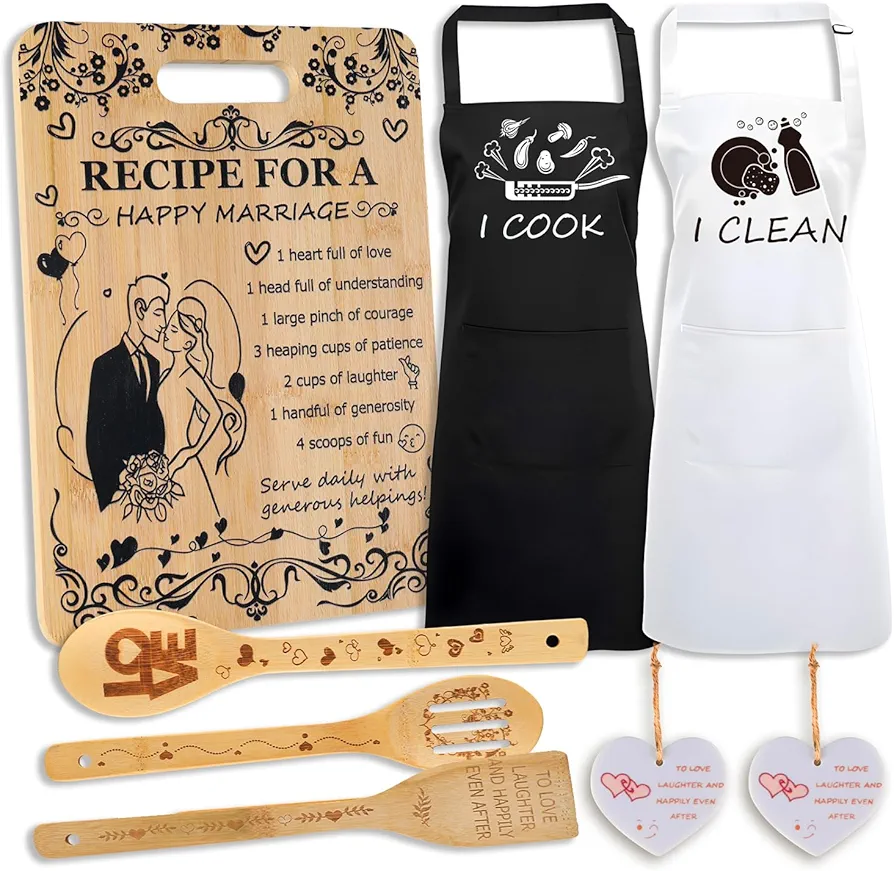 Wedding Gifts for Newlyweds Mr and Mrs Gifts Ideas Personalized Cutting Board wedding Gift Aprons, Heart Pendant Decoration, Christmas - Wedding Gifts, Couple Gifts, Anniversary (8 pcs)