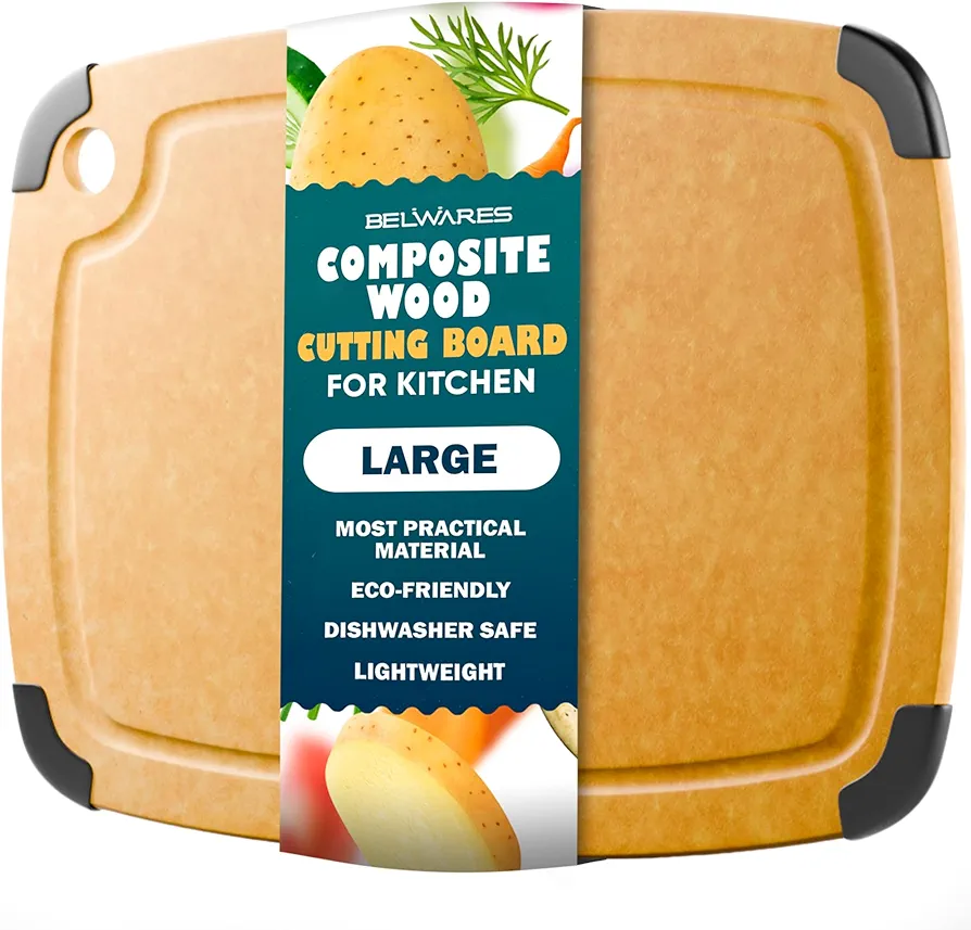 Dishwasher Safe Cutting Boards for Kitchen - Large Composite Wood Cutting Board with Non-Slip Feet & Juice Groove - Thin & Lightweight Eco-Friendly Chopping Board (14.5" × 11.25", Natural)