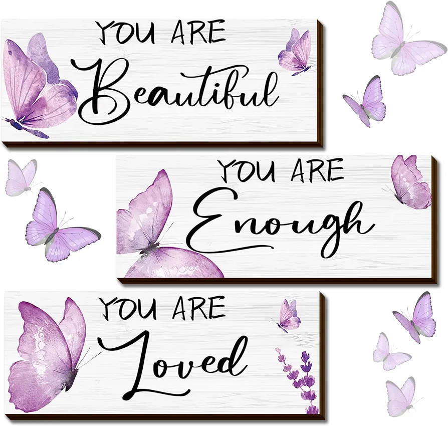 Geelin 3 Pcs Butterfly Wooden Hanging Wall Art Positive Quotes Butterfly Wall Art Prints with Butterfly for Inspirational Word Sign Decors Gift for Women Room(9.84 x 3.94 Inch,Purple)